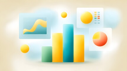Colorful bar, line, and pie charts illustrating data visualization and analytics in a clean, modern style with a soft gradient background.