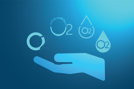 Oxygen molecule icon O2 floating above palm. Vector illustration on blue background. Isolated on dark blue.