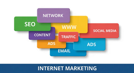 Colorful blocks illustrate internet marketing strategies: SEO, social media, ads, email, network, website, content, traffic Diagram showcasing online business promotion