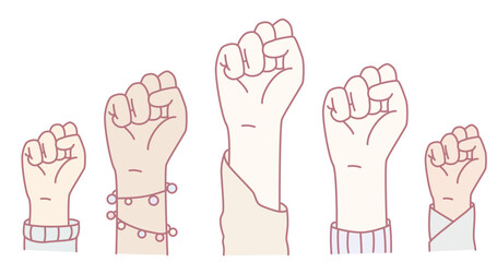 An impactful illustration of diverse raised fists, representing unity, strength, empowerment, and activism for change