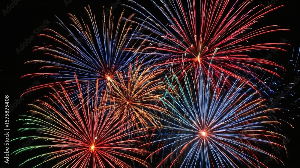 Poster multiple fireworks burst in a stunning pattern of multicolored light against the dark night sky, cre