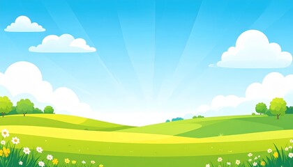 Obraz premium Vibrant green field with wildflowers and trees, a breathtaking natural landscape