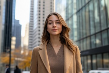 Fototapeta premium Young woman with long hair, wearing a stylish coat, stands confidently in an urban setting, surrounded by modern skyscrapers, showcasing contemporary city life and fashion