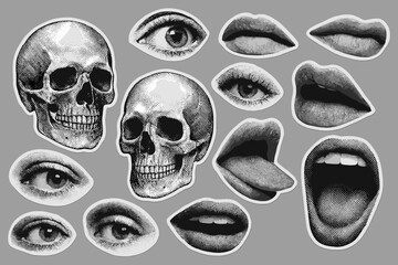 Surreal composition of human skulls, eyes, and lips rendered in a vintage halftone style showcasing an edgy and unique