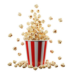 A bucket of popcorn overflowing with kernels, with more popcorn scattered around it, isolated on a transparent background