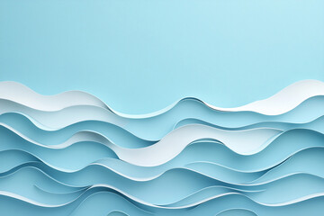 3D Paper Cut Ocean Waves on Serene Blue Background with Copyspace