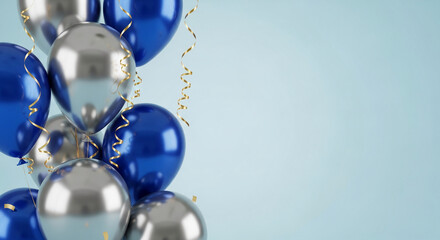 Shiny blue and silver balloons with gold ribbon, creating a celebratory atmosphere, ideal for festive backgrounds or party invitations, free space for text