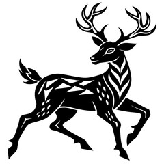 Fototapeta premium Black stylized deer running with ornate antlers on white background animal motion