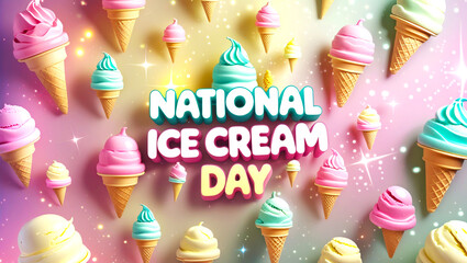 National Ice Cream Day:  Fun, Colorful 3D Render of Ice Cream Cones with Sparkling Background
