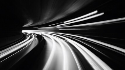 Abstract black and white streaks of light in motion create a sense of speed and direction