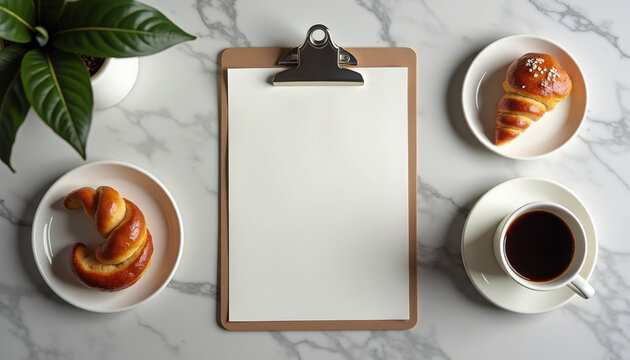 Blank clipboard mockup. White paper on clipboard with croissant and coffee