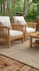 Obraz premium Light beige armchairs frame a wooden coffee table near large windows, creating a serene Scandinavian living space with urban views