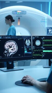 Human hand operates mouse on desk in a cool-lit medical control room, displaying brain scans, waveforms on monitors. Patient in a futuristic scanner observed by a professional in scrubs, advanced