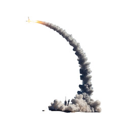 A powerful rocket ascends into the sky, leaving a thick plume of smoke and fire, isolated against a transparent background