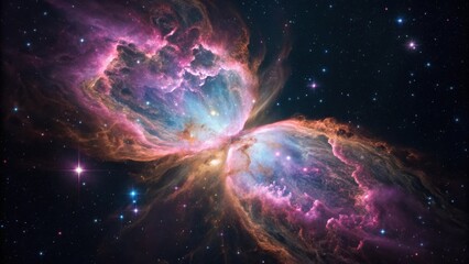 Vibrant butterfly nebula showcasing a celestial dance of cosmic dust and glowing stars against a deep space backdrop