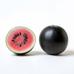 Fresh whole and sliced black watermelon on white background