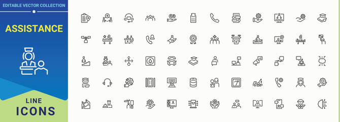 Assistance linear icon set. Support icon collection. It contains symbols to service, center, operator, support, assist, feedback and more. Pixel perfect. Editable vector.
