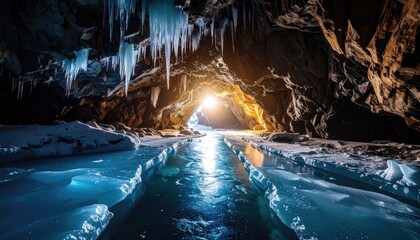 Frozen cave, sunlight through ice