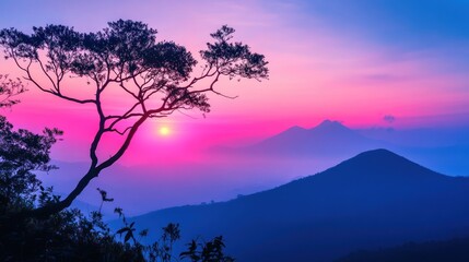 Sunrise over mountain peaks, vibrant colors, silhouettes of trees and hills