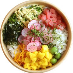 Vibrant sushi bowl with fresh vegetables, rice, and toppings