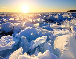 Frozen lake at sunset