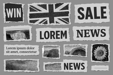 Collection of newspaper clippings with diverse headlines sale win and vintage graphic textures creating dynamic