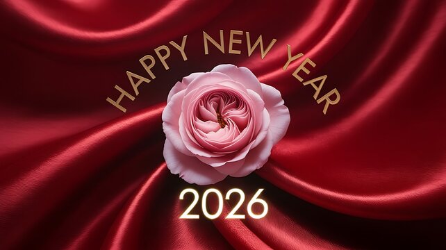 Pink rose on red satin happy new year floral celebration - Powered by Adobe