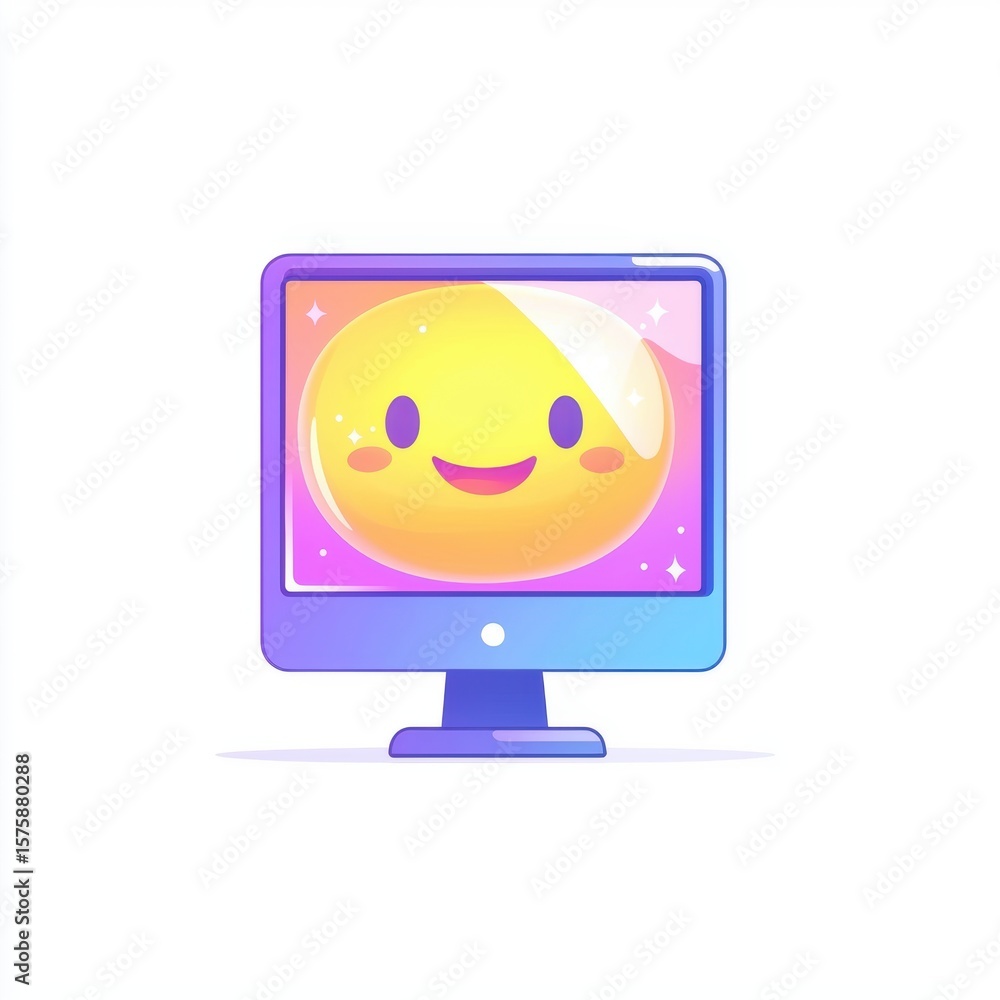 Poster a smiling yellow emoji face displayed on a colorful computer monitor with a glossy, cheerful design 