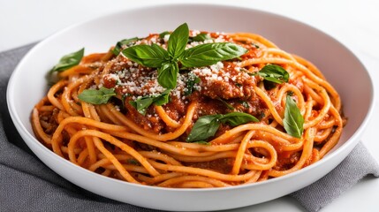 Delicious Bowl of Spaghetti with Meat Sauce in Cozy Italian Setting