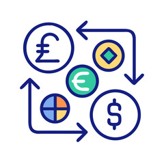 Obraz premium Multiple currency symbols with arrows in circular flow, representing currency exchange, global economy, money transfer and financial transactions 