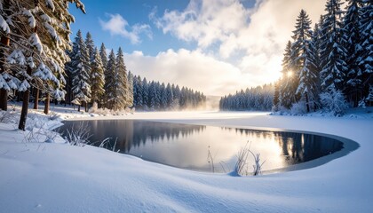 Frozen lake, snow covered trees, sunrise