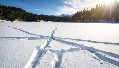 Frozen lake, snow tracks