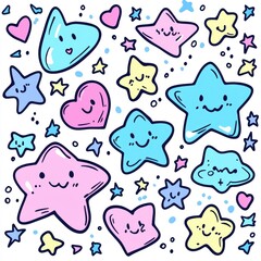 Cute, colorful cartoon stars and hearts with smiling faces scattered playfully on a white background, on white background
