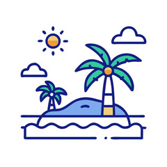 Obraz premium Illustration of a tropical island with sun and palm trees, representing beach vacation, summer holiday, relaxation destination and travel adventure, no background 
