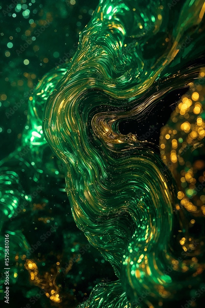 Poster close up of abstract green and gold liquid with bokeh lights in the background creating a dreamy eff