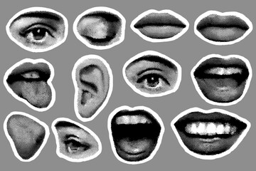 Halftone anatomical elements featuring eyes ears and mouths for a contemporary design concept or a modern artistic