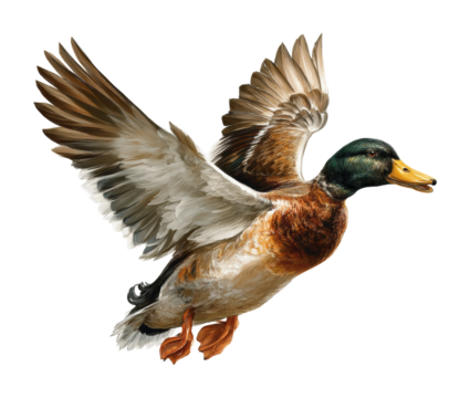Ducks flying over water nature scene wildlife aerial view. Isolated on transparent background, png.
