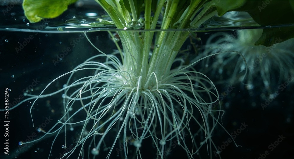 Poster close up view of a plant with roots submerged in water showing root structure and water bubbles