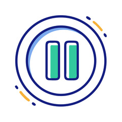 Flat icon of pause symbol in circular button, representing media control, audio video interface, playback stop and digital functionality, no background
