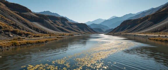 Serene River Valley Landscape, Nature Photography, Mountain Region, Tranquil Environment