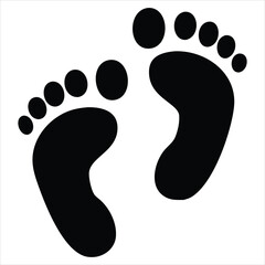 A pair of black baby footprints are depicted in a simple, graphic style, isolated on a clean white background, symbolizing a new beginning or a journey