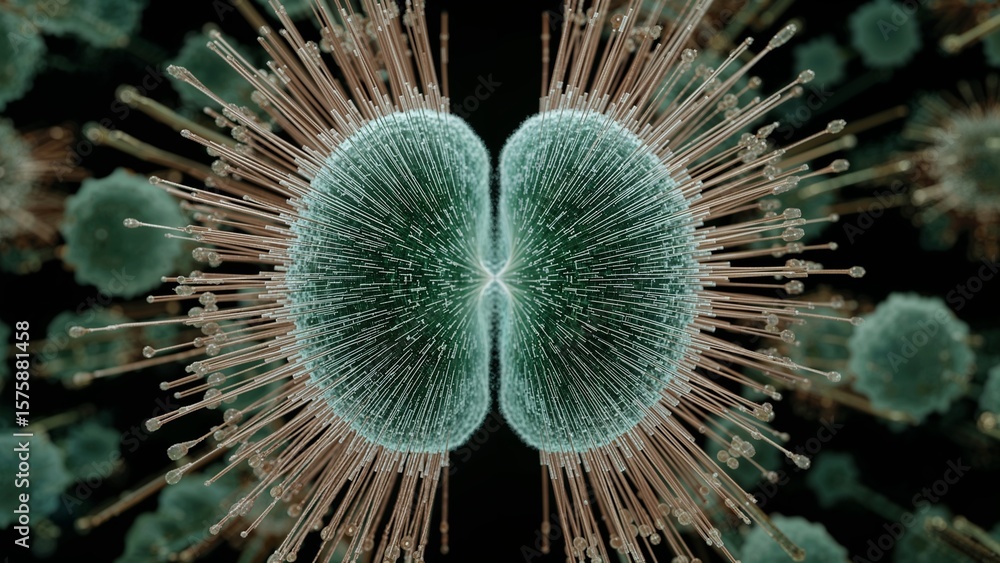 Poster a microscopic view of dividing cells with radiating filaments on a dark blurred background