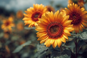 Fototapeta premium Vibrant sunflowers in a lush field, showcasing their bright yellow petals and intricate centers, surrounded by green foliage under a cloudy sky, representing natural beauty and growth