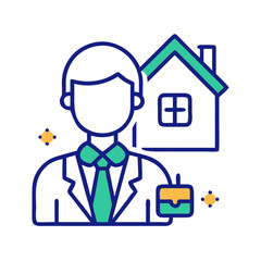 Obraz premium Flat icon of real estate agent in suit with house symbol, representing broker, property consultant, housing sales expert and professional service, no background 