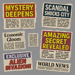Vintage newspaper headlines clippings collection featuring mystery deepens scandal shocks city and economic gloom for