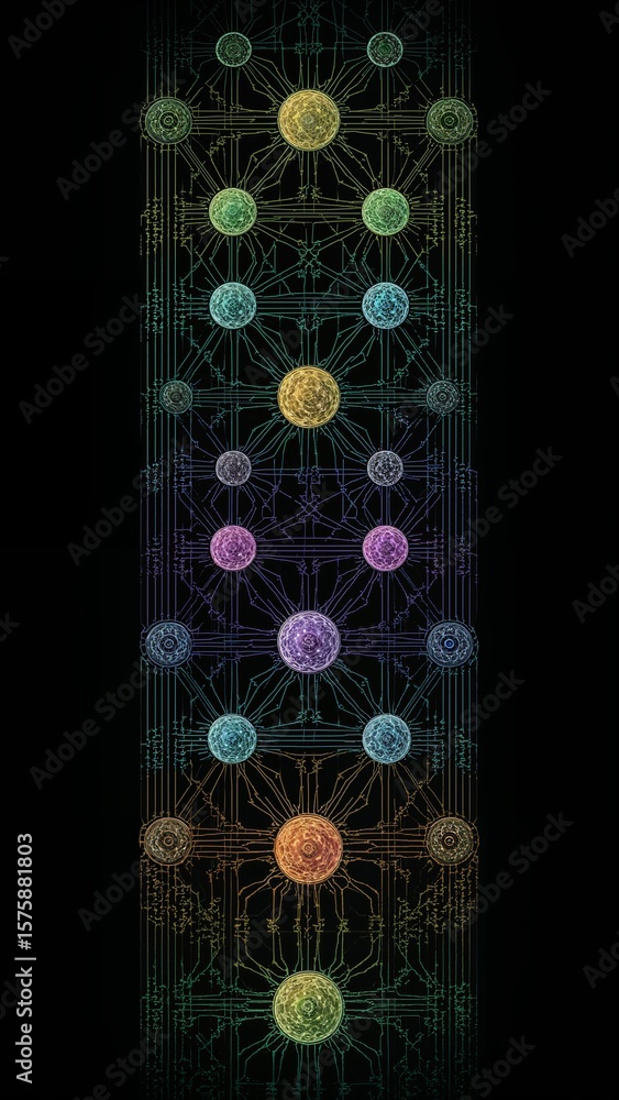Poster a vertical arrangement of colorful orbs connected by lines on a black background creating a pattern