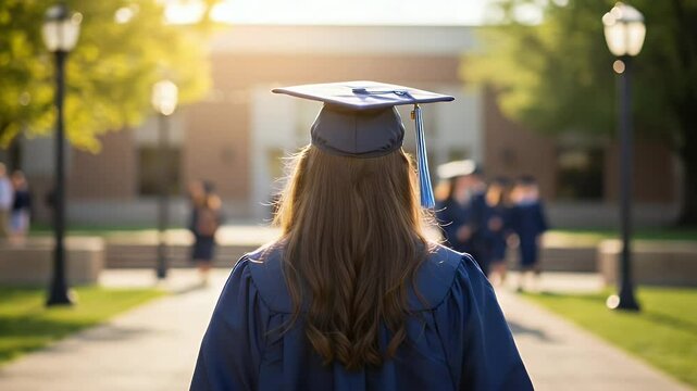 Graduation ceremony. A person wearing a graduation gown and cap, walking away from the camera, on a paved pathway.  Blurred background shows a campus setting with trees and buildings