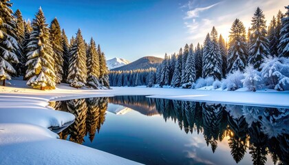 Frozen lake with snowy forest at sunrise