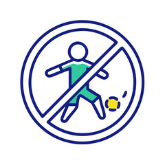 Prohibited icon over figure with football in flat style, representing no ball games zone, restricted play, safety rule and property protection, no background
