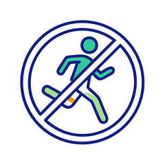 Flat prohibition sign over running figure, representing no running zone, public safety regulation, restricted activity and movement control in shared space, no background
